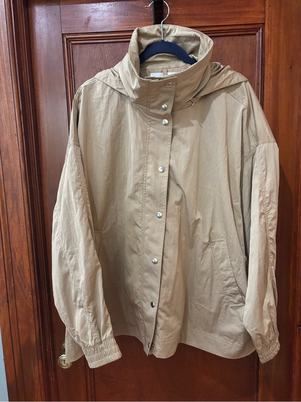 Lou & Grey Beige Hooded Windbreaker Utility Jacket Snap Front Zip Lightweight XL